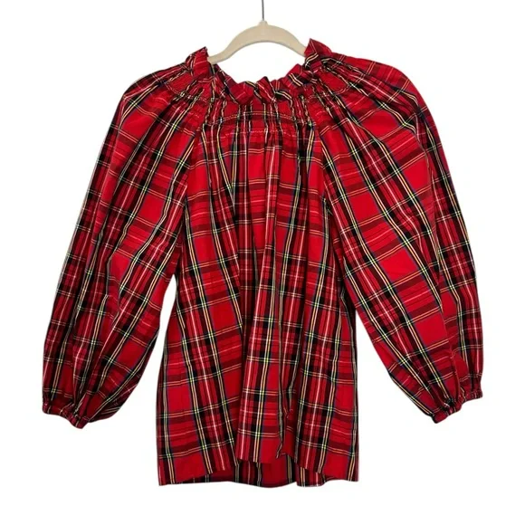 J Crew Smocked-neck Top in Good Tidings Holiday Red Plaid Blouse Balloon Sleeve - Picture 2 of 7